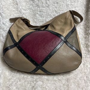 A.Bellucci leather khaki,taupe,burgundy &black stripes shoulder bag studs accent